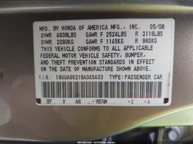 Продаж на аукціоні авто 2008 Acura Tl 3.2, vin: 19UUA66218A045403, номер лоту: 44371483
