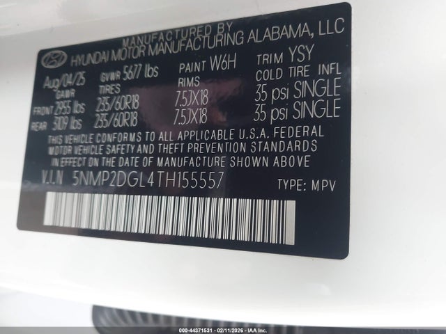 Продажа на аукционе авто 2026 Hyundai Santa Fe Sel, vin: 5NMP2DGL4TH155557, номер лота: 44371531