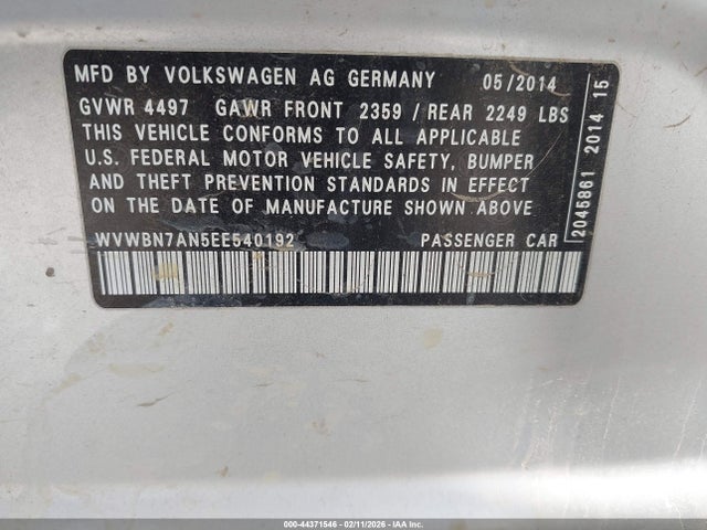 44371546 :رقم المزاد ، WVWBN7AN5EE540192 vin ، 2014 Volkswagen Cc 2.0t Sport مزاد بيع