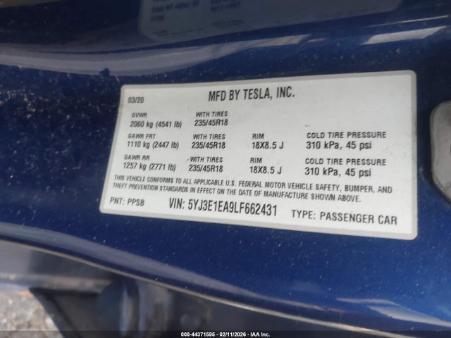 Продажа на аукционе авто 2020 Tesla Model 3 Standard Range Plus Rear-wheel Drive/standard Range Rear-wheel Drive, vin: 5YJ3E1EA9LF662431, номер лота: 44371595