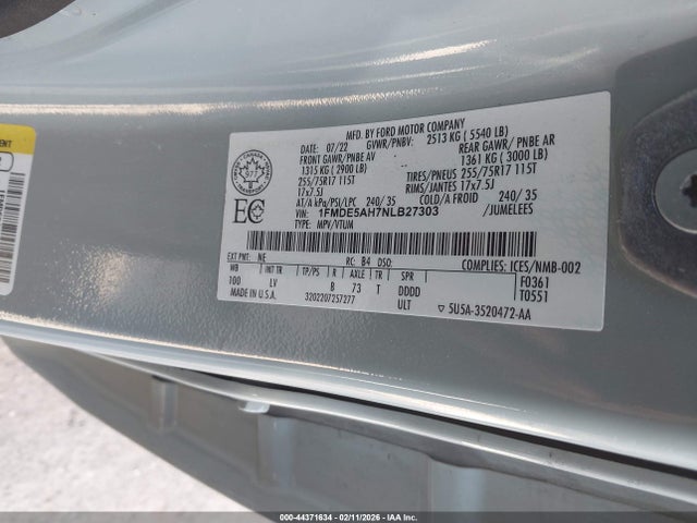 Aukcja sprzedaży 2022 Ford Bronco Big Bend, vin: 1FMDE5AH7NLB27303, numer aukcji: 44371634