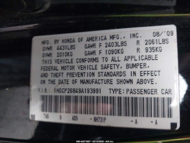 44371657 :رقم المزاد ، 1HGCP26849A193991 vin ، 2009 Honda Accord 2.4 Ex-l مزاد بيع