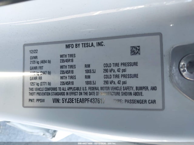 44371658 :رقم المزاد ، 5YJ3E1EA8PF437617 vin ، 2023 Tesla Model 3 Rear-wheel Drive مزاد بيع