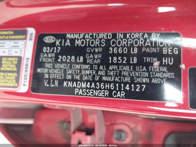KNADM4A36H6114127 KIA RIO LX