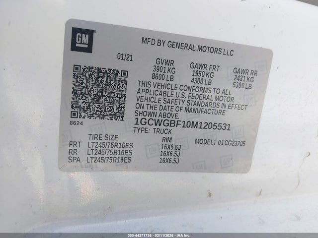 44371736 :رقم المزاد ، 1GCWGBF10M1205531 vin ، 2021 Chevrolet Express Cargo Rwd 2500 Extended Wheelbase Wt مزاد بيع