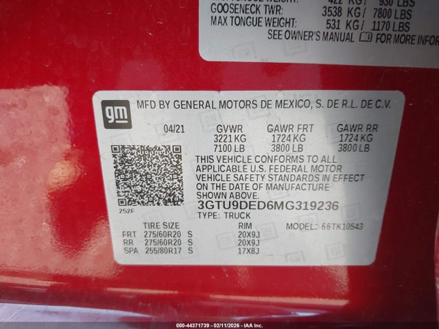 Aukcja sprzedaży 2021 Gmc Sierra 1500 4wd  Short Box Slt, vin: 3GTU9DED6MG319236, numer aukcji: 44371739
