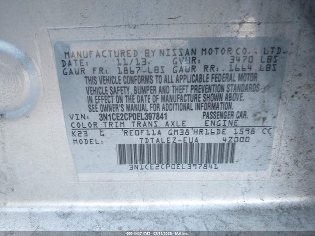 3N1CE2CP0EL397841 Nissan Versa Note Sv