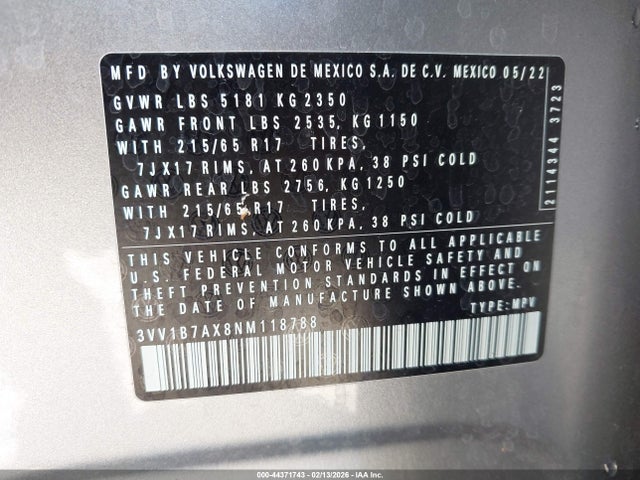 3VV1B7AX8NM118788 Volkswagen Tiguan 2.0t S