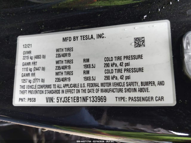 5YJ3E1EB1NF133969 Tesla Model 3 Long Range Dual Motor All-wheel Drive