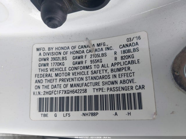 2HGFC1F7XGH642258 Honda Civic Ex-l