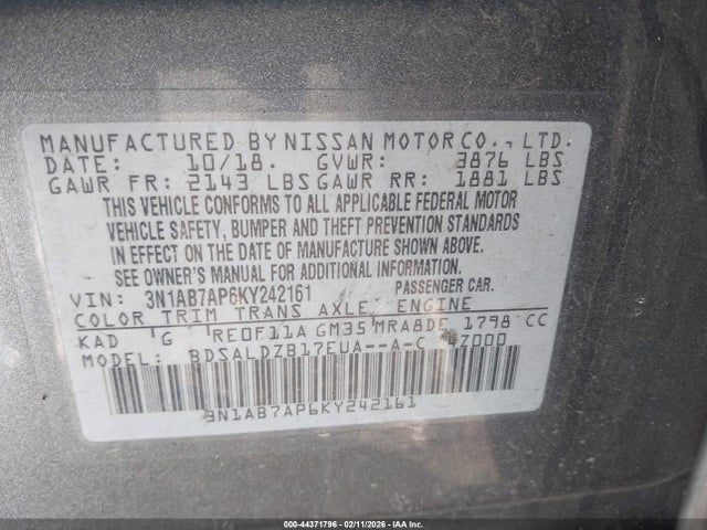 Aukcja sprzedaży 2019 Nissan Sentra Sv, vin: 3N1AB7AP6KY242161, numer aukcji: 44371796