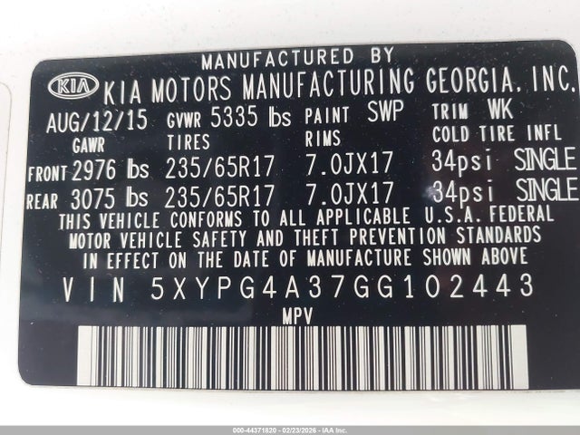 5XYPG4A37GG102443 KIA Sorento 2.4l Lx