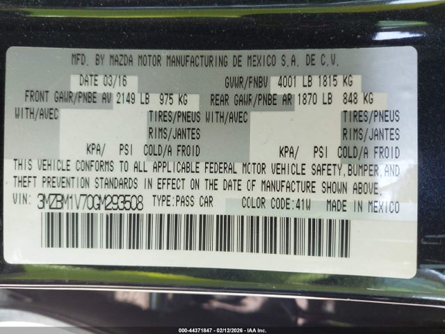 Aukcja sprzedaży 2016 Mazda Mazda3 I Touring, vin: 3MZBM1V70GM293508, numer aukcji: 44371847