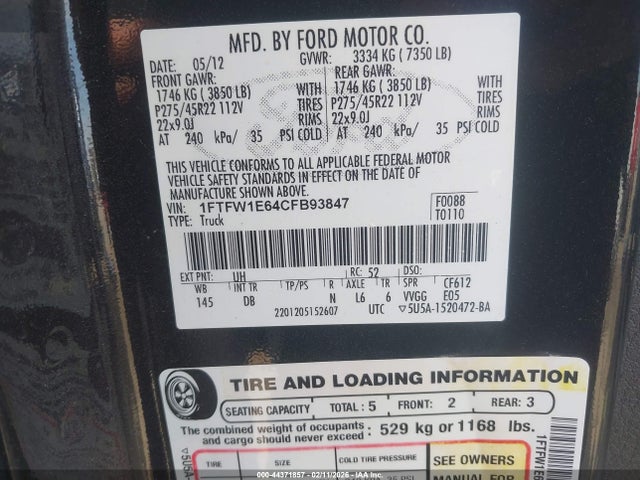 Aukcja sprzedaży 2012 Ford F-150 Harley-davidson, vin: 1FTFW1E64CFB93847, numer aukcji: 44371857