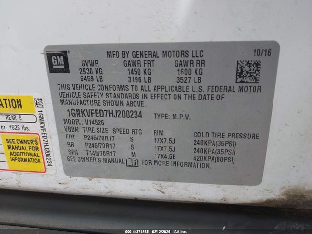 Продаж на аукціоні авто 2017 Chevrolet Traverse Ls, vin: 1GNKVFED7HJ200234, номер лоту: 44371865
