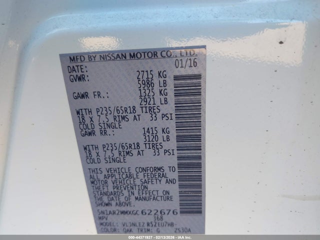 Aukcja sprzedaży 2016 Nissan Pathfinder Sv, vin: 5N1AR2MMXGC622676, numer aukcji: 44371927