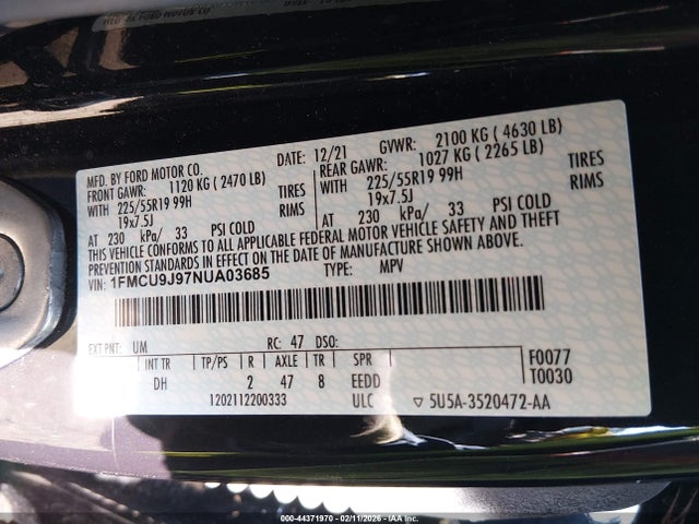 44371970 :رقم المزاد ، 1FMCU9J97NUA03685 vin ، 2022 Ford Escape Titanium مزاد بيع