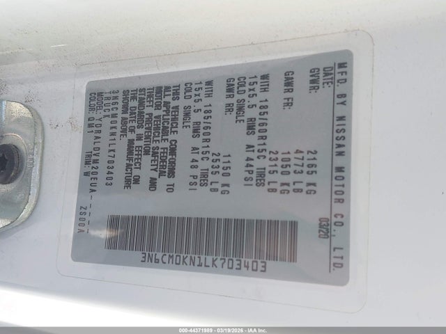 2020 Nissan Nv200  Cargo S Xtronic Cvt მანქანა იყიდება აუქციონზე, vin: 3N6CM0KN1LK703403, აუქციონის ნომერი: 44371989