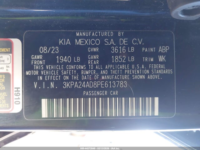 2023 Kia Rio Lx მანქანა იყიდება აუქციონზე, vin: 3KPA24AD8PE613783, აუქციონის ნომერი: 44372049