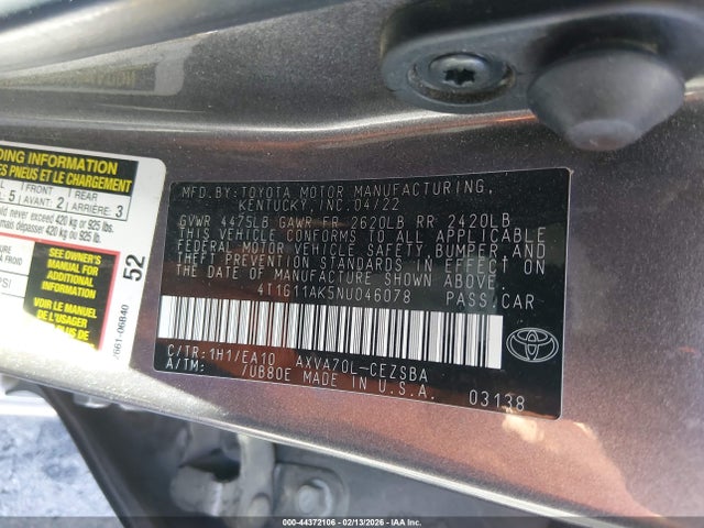 4T1G11AK5NU046078 Toyota CAMRY SE