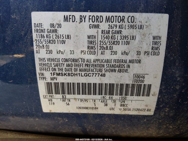 44372109 :رقم المزاد ، 1FMSK8DH1LGC77748 vin ، 2020 Ford Explorer Xlt مزاد بيع