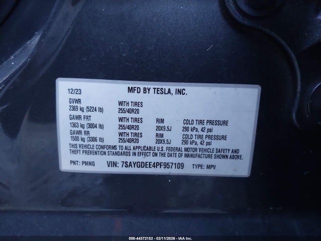 2023 Tesla Model Y Awd/long Range Dual Motor All-wheel Drive მანქანა იყიდება აუქციონზე, vin: 7SAYGDEE4PF957109, აუქციონის ნომერი: 44372152