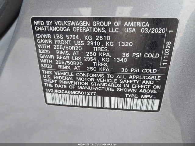 Продаж на аукціоні авто 2021 Volkswagen Atlas 3.6l V6 Se W/technology, vin: 1V2JR2CA8MC501277, номер лоту: 44372176