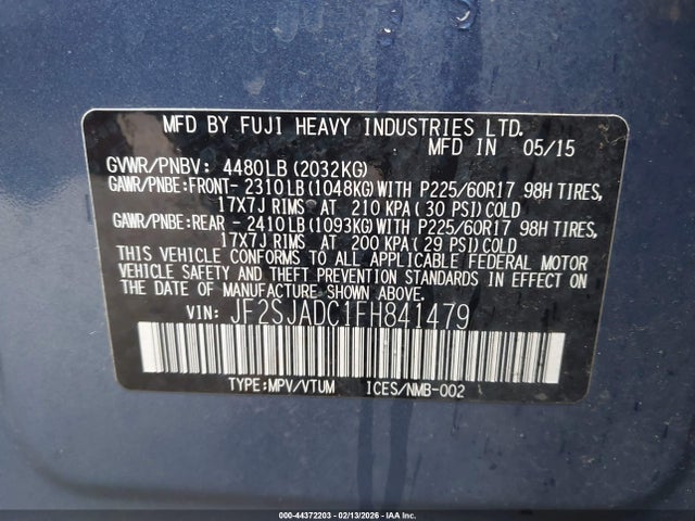 2015 Subaru Forester 2.5i Premium მანქანა იყიდება აუქციონზე, vin: JF2SJADC1FH841479, აუქციონის ნომერი: 44372203