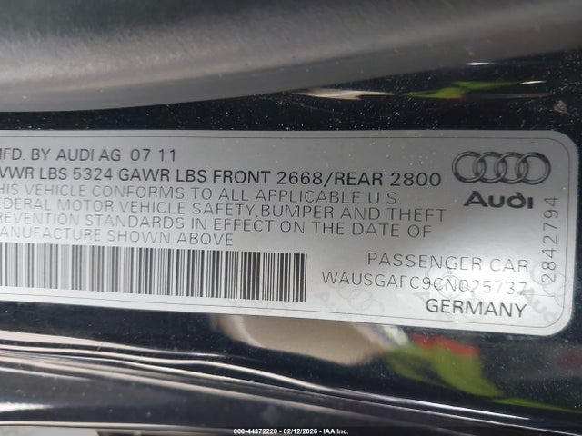 Aukcja sprzedaży 2012 Audi A7 Premium, vin: WAUSGAFC9CN025737, numer aukcji: 44372220