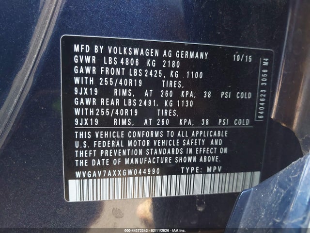 Продаж на аукціоні авто 2016 Volkswagen Tiguan R-line/s/se/sel, vin: WVGAV7AXXGW044990, номер лоту: 44372242