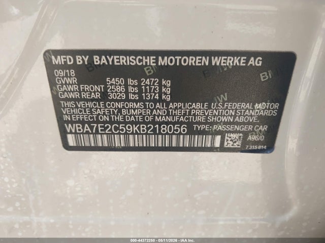 Aukcja sprzedaży 2019 Bmw 740i, vin: WBA7E2C59KB218056, numer aukcji: 44372250