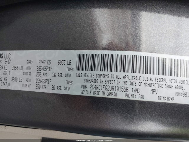 Продаж на аукціоні авто 2018 Chrysler Pacifica Touring Plus, vin: 2C4RC1FG2JR101556, номер лоту: 44372304