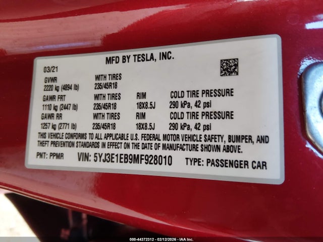 Продажа на аукционе авто 2021 Tesla Model 3 Long Range Dual Motor All-wheel Drive, vin: 5YJ3E1EB9MF928010, номер лота: 44372312