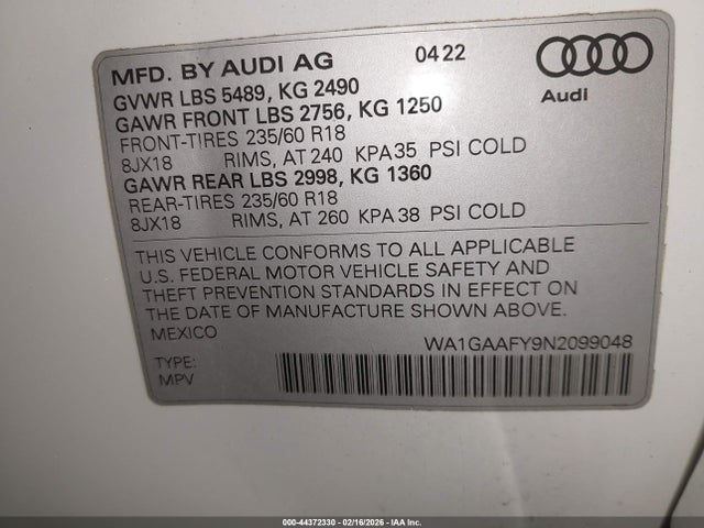 Продажа на аукционе авто 2022 Audi Q5 Premium 45 Tfsi S Line Quattro S Tronic, vin: WA1GAAFY9N2099048, номер лота: 44372330