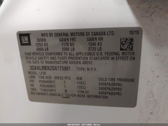 44372331 :رقم المزاد ، 2GKALMEK2G6173991 vin ، 2016 Gmc Terrain Sle-1 مزاد بيع