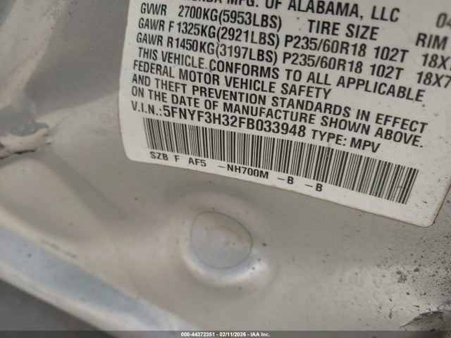 Продаж на аукціоні авто 2015 Honda Pilot Se, vin: 5FNYF3H32FB033948, номер лоту: 44372351
