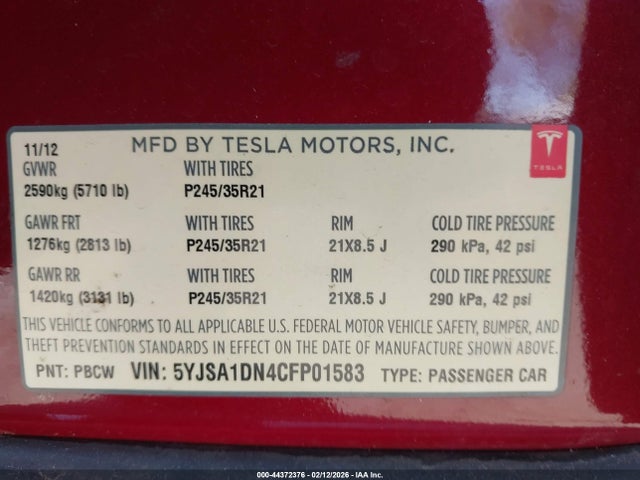 2012 TESLA MODEL S 5YJSA1DN4CFP01583 Photo 8