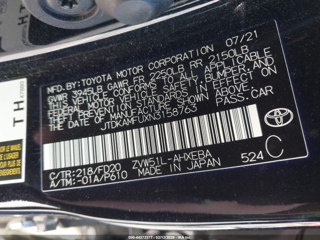 JTDKAMFUXN3158763 Toyota Prius Le