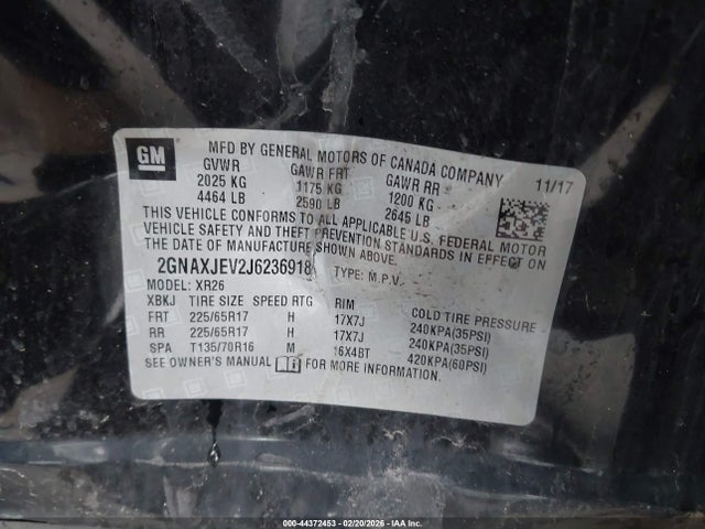 Продаж на аукціоні авто 2018 Chevrolet Equinox Lt, vin: 2GNAXJEV2J6236918, номер лоту: 44372453