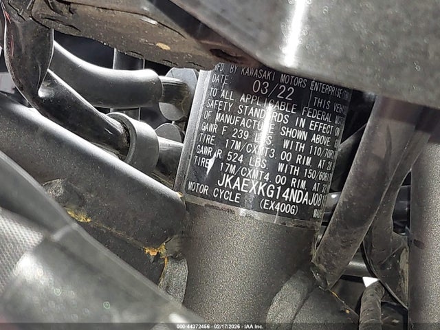 44372456 :رقم المزاد ، JKAEXKG14NDAJ0815 vin ، 2022 Kawasaki Ex400 مزاد بيع
