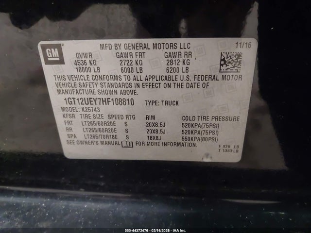Продаж на аукціоні авто 2017 Gmc Sierra 2500hd Denali, vin: 1GT12UEY7HF108810, номер лоту: 44372476