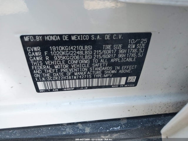 2026 Honda Hr-v Awd Lx მანქანა იყიდება აუქციონზე, vin: 3CZRZ2H38TM742715, აუქციონის ნომერი: 44372489