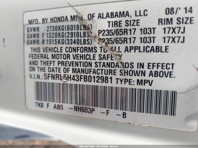 Honda ODYSSEY EX 2015 5FNRL5H43FB012981 Image 9