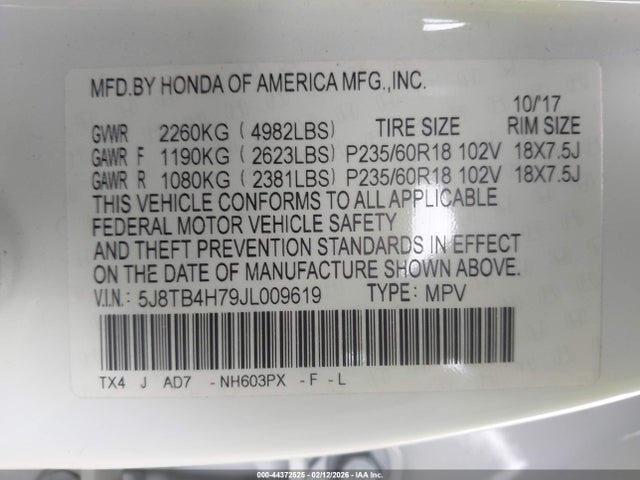 44372525 :رقم المزاد ، 5J8TB4H79JL009619 vin ، 2018 Acura Rdx Advance Package مزاد بيع