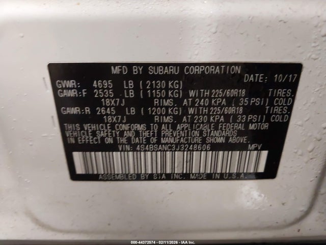 Aukcja sprzedaży 2018 Subaru Outback 2.5i Limited, vin: 4S4BSANC3J3248606, numer aukcji: 44372574