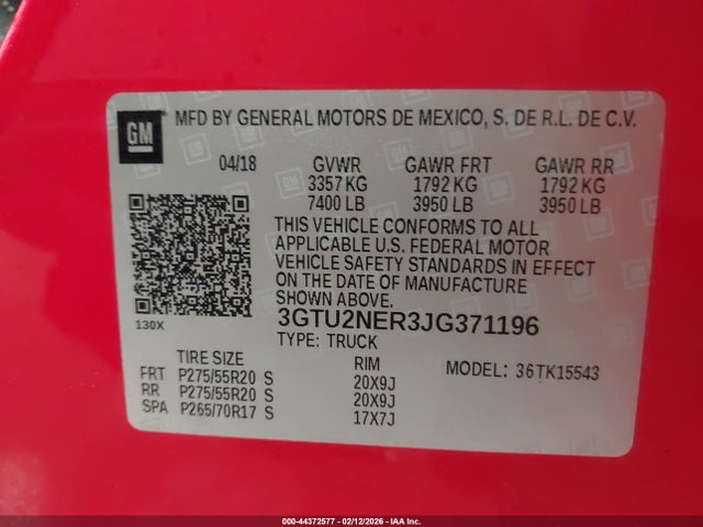 2018 Gmc Sierra 1500 Slt მანქანა იყიდება აუქციონზე, vin: 3GTU2NER3JG371196, აუქციონის ნომერი: 44372577