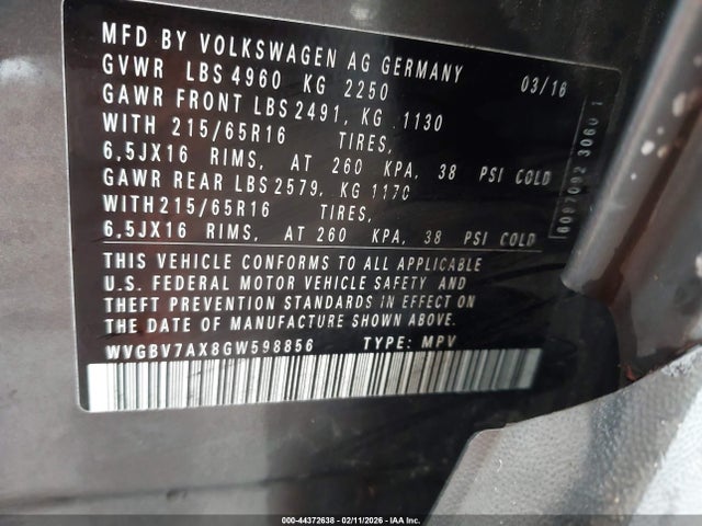WVGBV7AX8GW598856 Volkswagen TIGUAN S