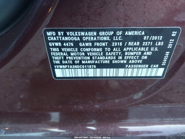 Aukcja sprzedaży 2013 Volkswagen Passat 2.5l Se, vin: 1VWBP7A38DC011870, numer aukcji: 44372691