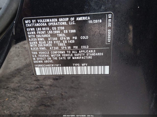 1V2RR2CA4KC611811 Volkswagen Atlas 3.6l V6 Sel R-line