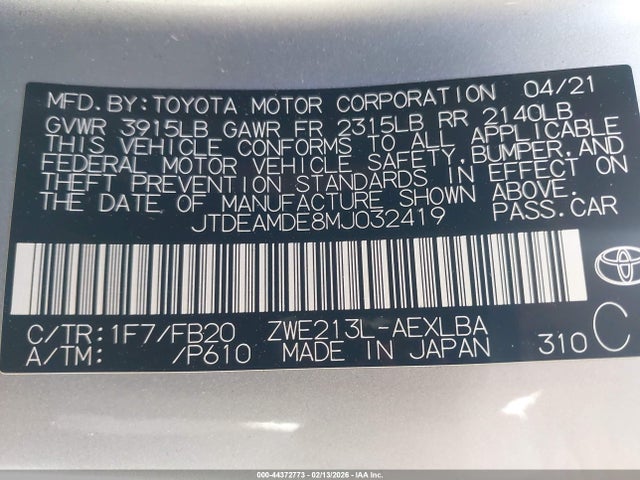 JTDEAMDE8MJ032419 Toyota Corolla Hybrid Le